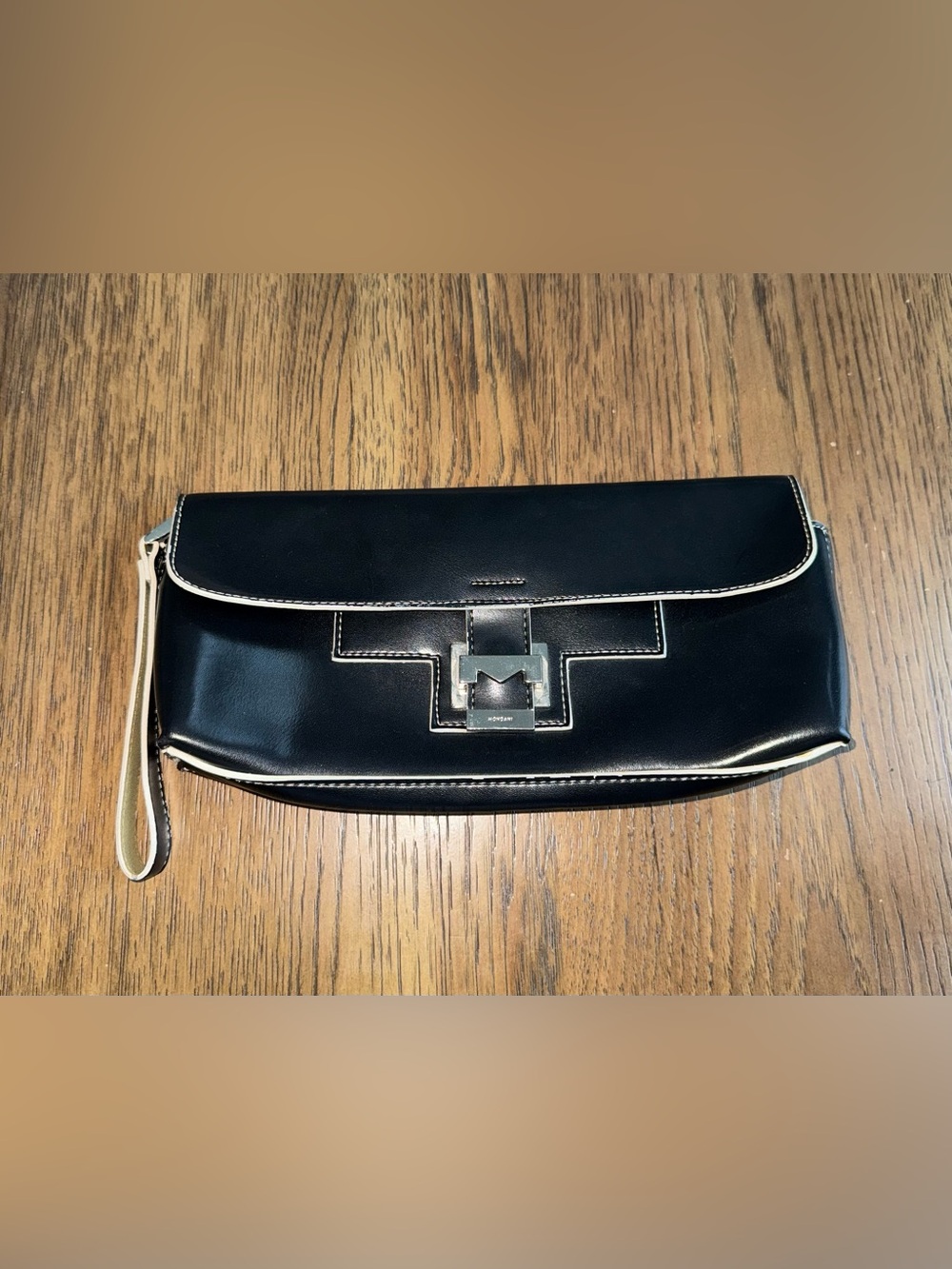 Mondani Black Leather Wristlet Clutch with Cream Trim